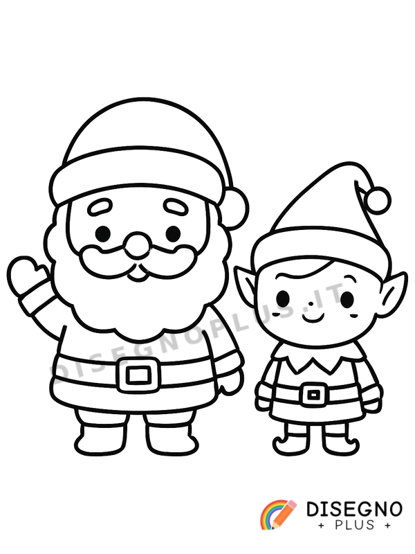 Disegno Babbo Natale ed elfo che impacchettano doni   da stampare e colorare