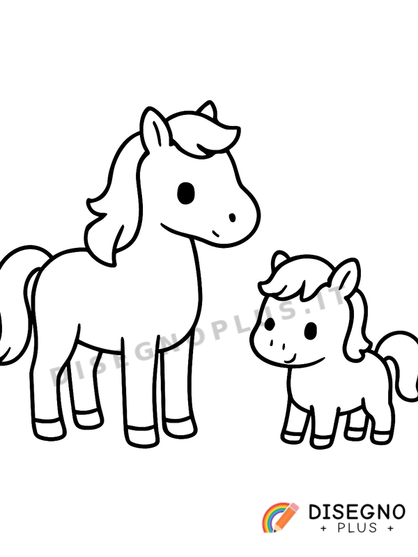 Cavallo e pony che pascolano insieme Disegno Cavallo e pony che pascolano insieme da stampare e colorare