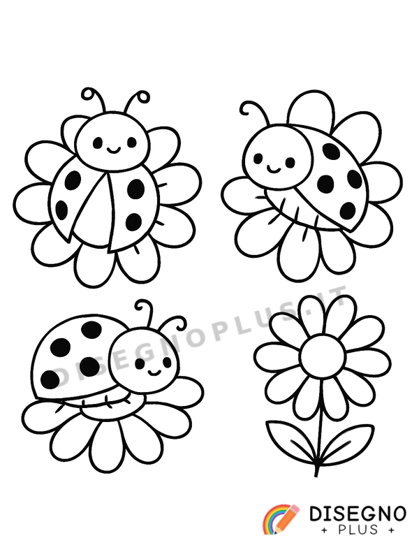 Disegno Coccinelle sui fiori di campo gialli e allegri   da stampare e colorare