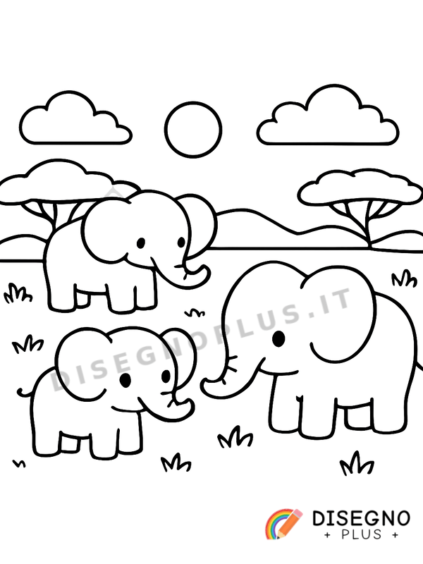 Disegno Elefanti nella savana con alberi di acacia   da stampare e colorare