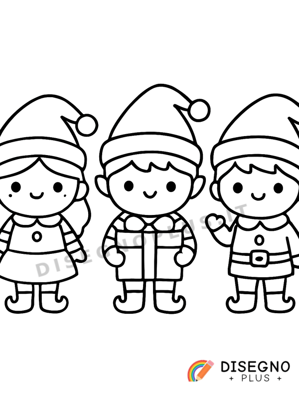 Disegno Elfi aiutanti con cappelli verdi e scatole   da stampare e colorare