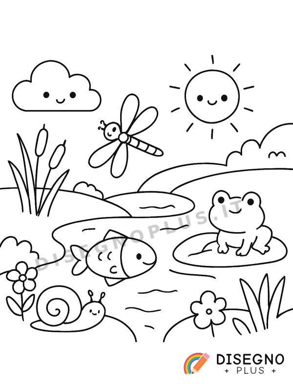 Disegno Flora e fauna del fiume con pesci e ninfee   da stampare e colorare