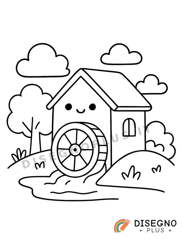 Disegno Mulino ad acqua con canale e pietre antiche   da stampare e colorare
