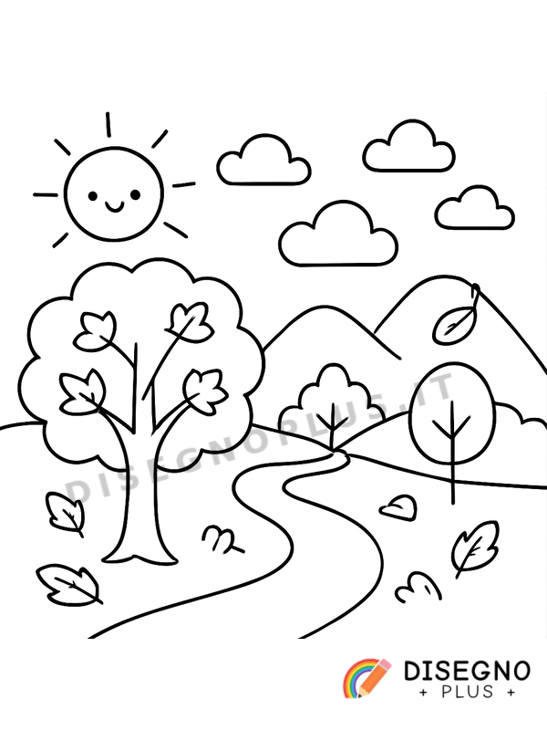 Disegno Natura in autunno con foglie gialle e rosse   da stampare e colorare