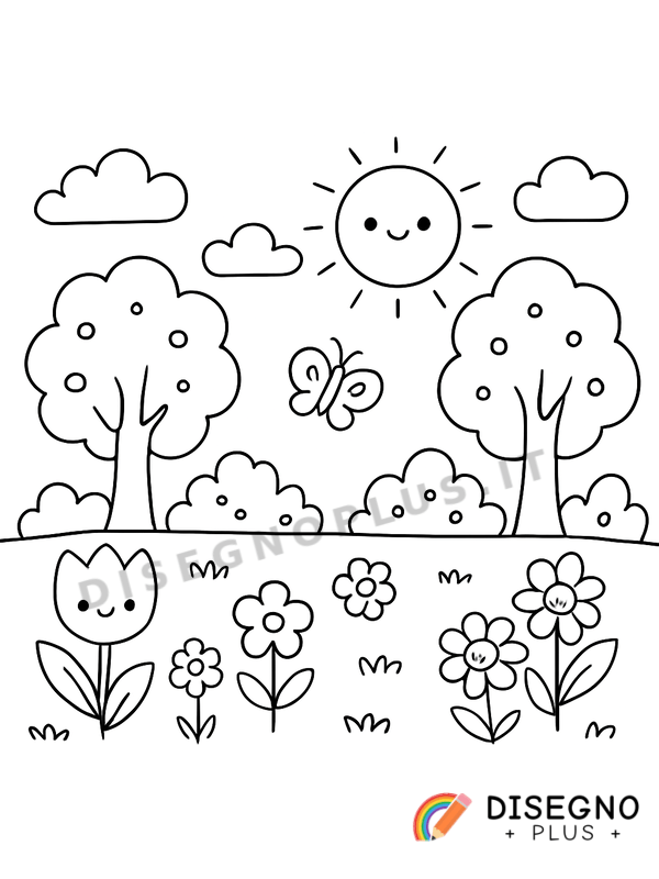 Disegno Natura in primavera con fiori e uccelli   da stampare e colorare