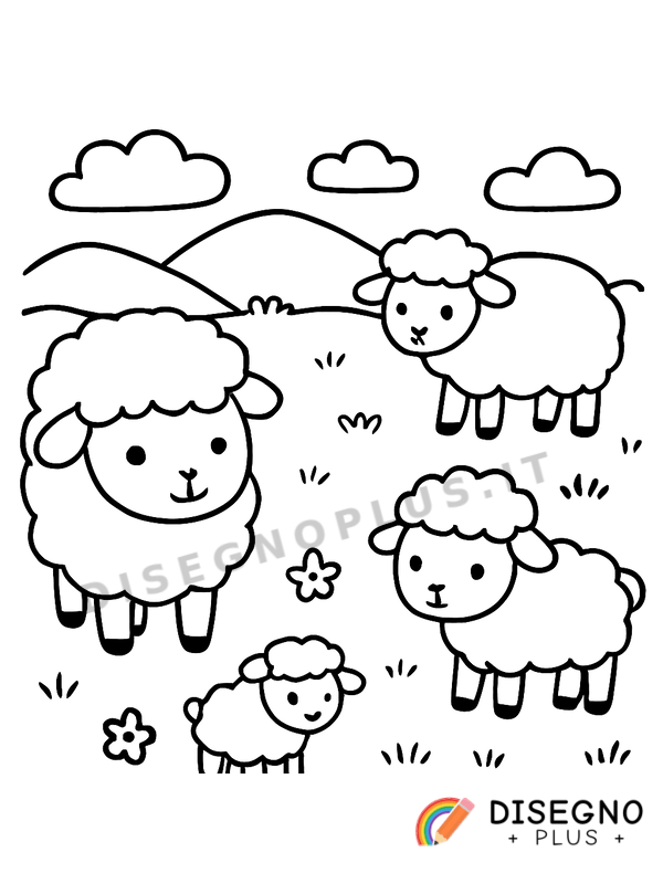 Disegno Pecore al pascolo su collina fiorita   da stampare e colorare