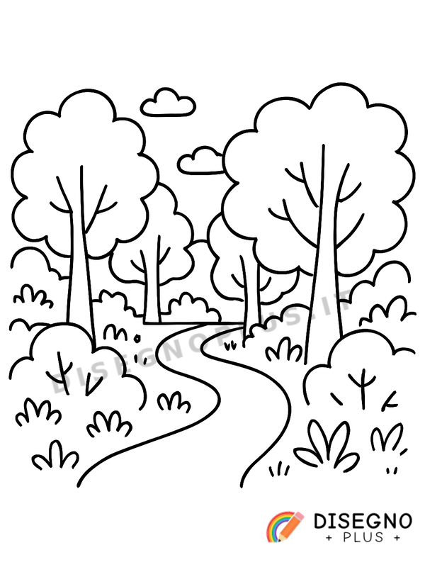 Disegno Sentiero nel bosco tra alberi e muschi   da stampare e colorare