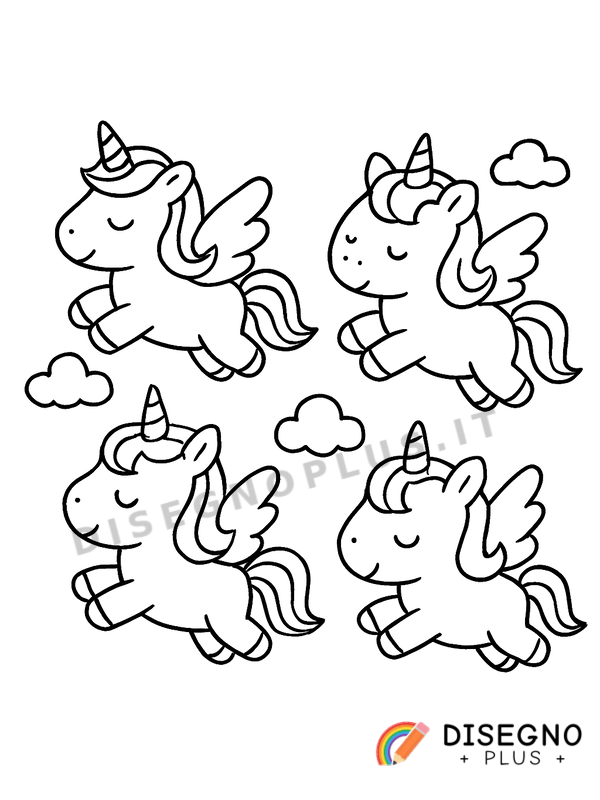 Disegno Unicorni che volano con ali argentate nel cielo   da stampare e colorare