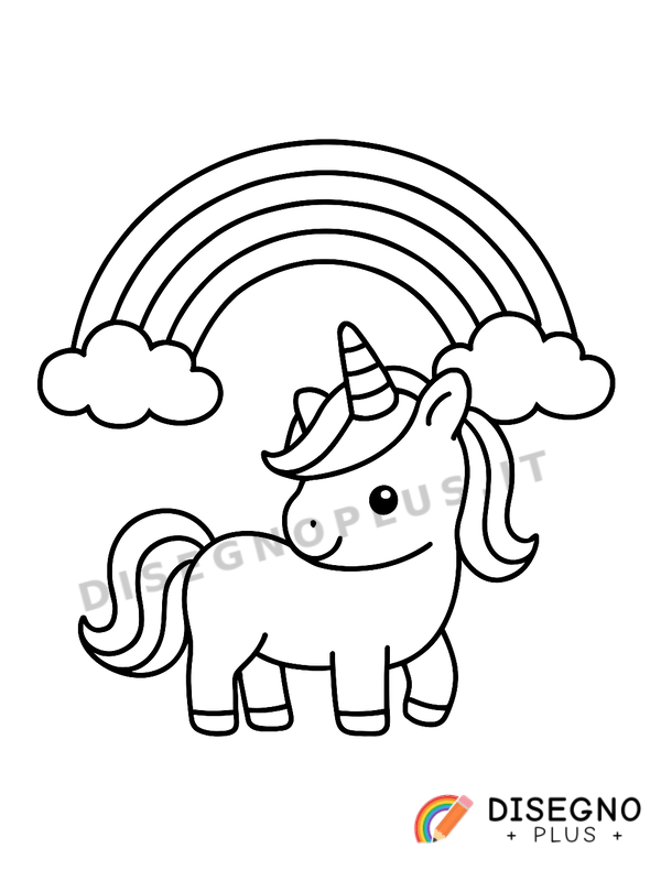 Disegno Unicorno e arcobaleno giocano nel prato fiorito   da stampare e colorare